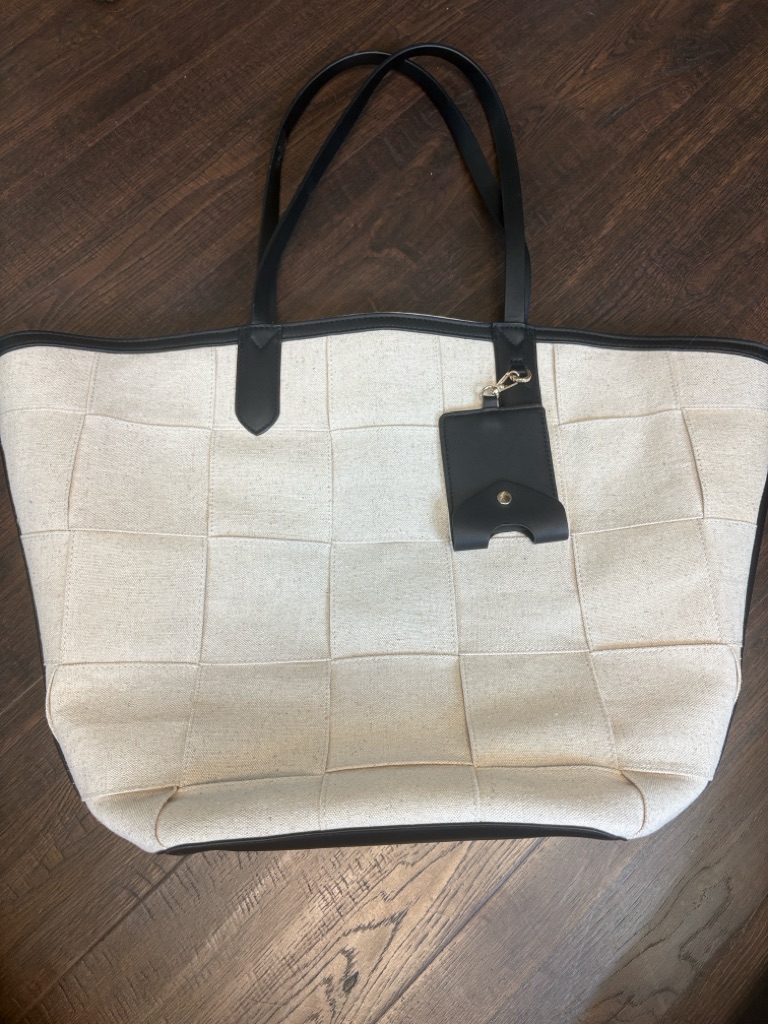 A New Day Cream And Black Woven Checker Tote With Card Holder